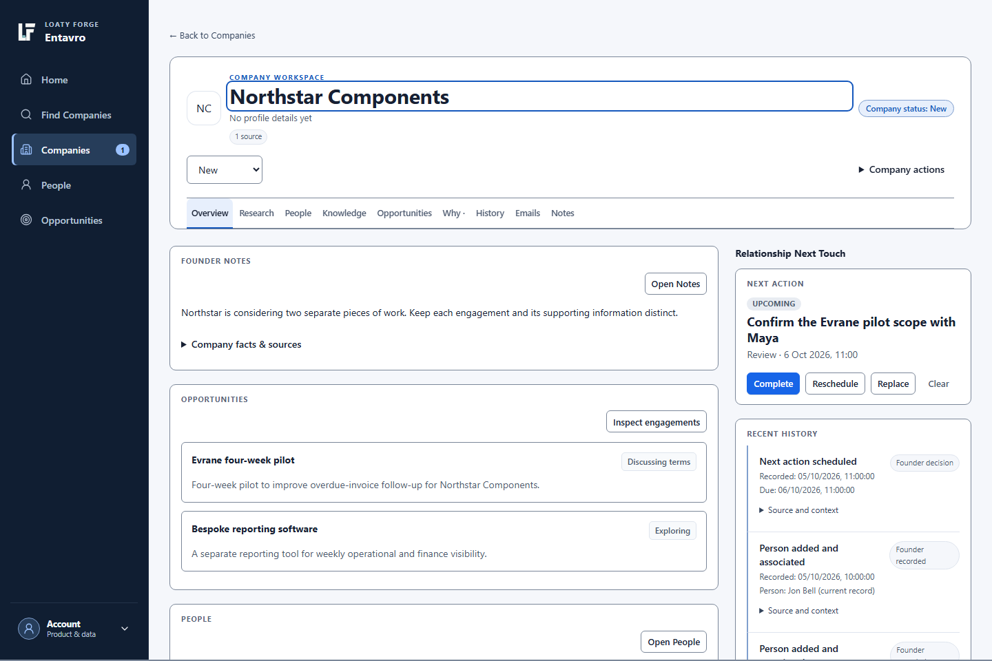 Entavro Company workspace for fictional Northstar Components showing its next conversation, people and two separate Opportunities.