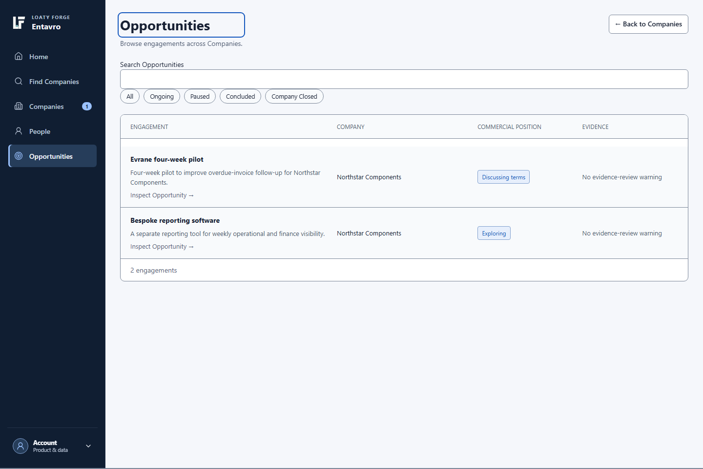 Entavro Opportunities view showing two distinct fictional Northstar projects and their commercial positions.