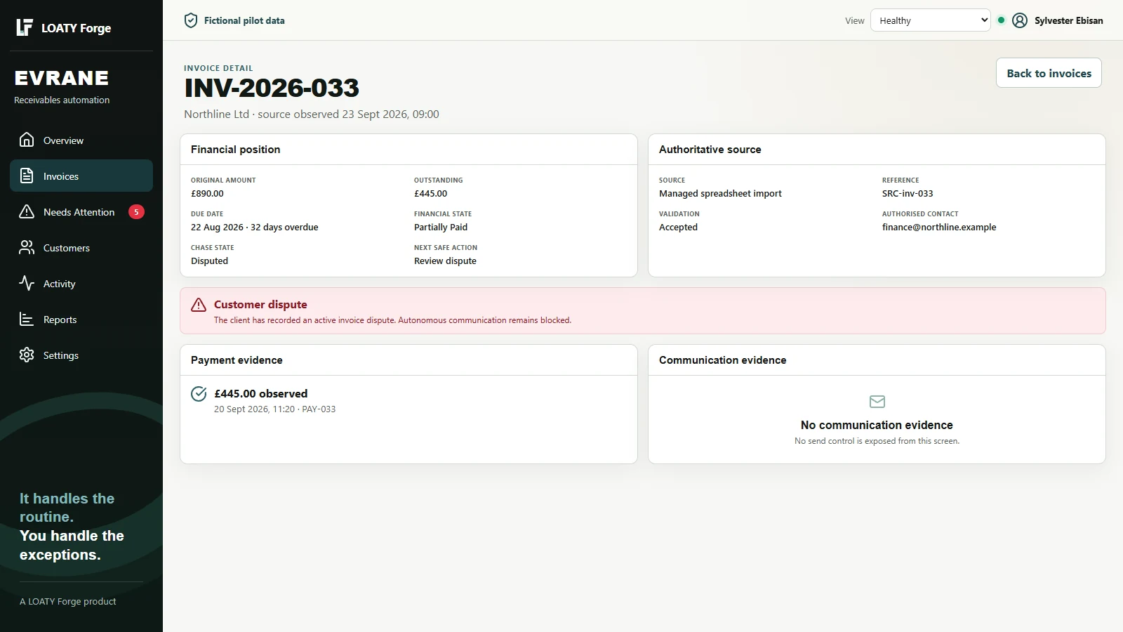 EVRANE invoice detail for a fictional customer showing amount, due date, current state, next action and communication evidence.