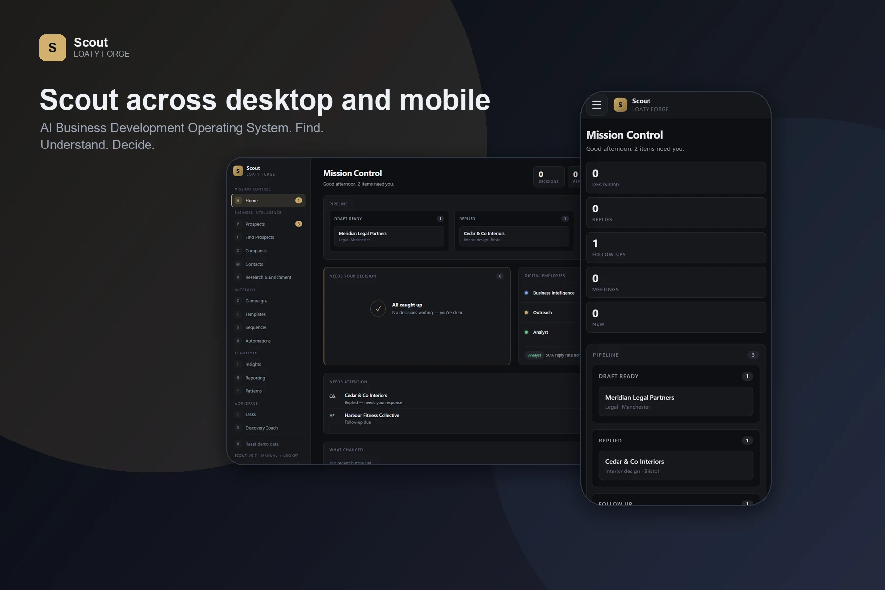 Scout shown across desktop and mobile Mission Control views.