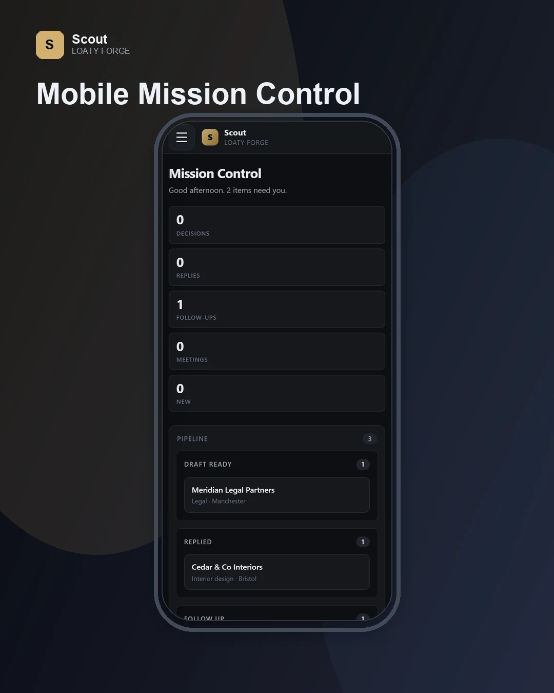 Scout mobile Mission Control shown in a phone composition.