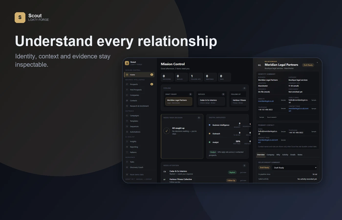 Scout relationship inspection view showing Mission Control beside a relationship evidence panel.